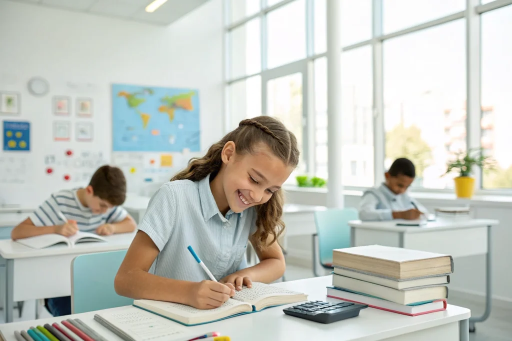 A young girl student happily studying mathematics with books and a calculator in a bright, modern classroom.